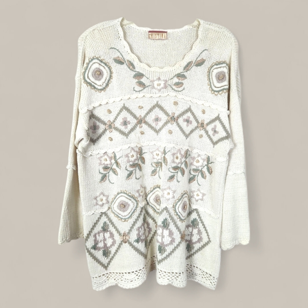Vintage Cristina Neutral Ramie Knit Pullover Sweater Med/Large Embroided Floral